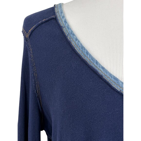 Free People Blue Slouchy Exposed Stitch Embellished Henley Top | Boho Grunge S - Picture 4 of 16